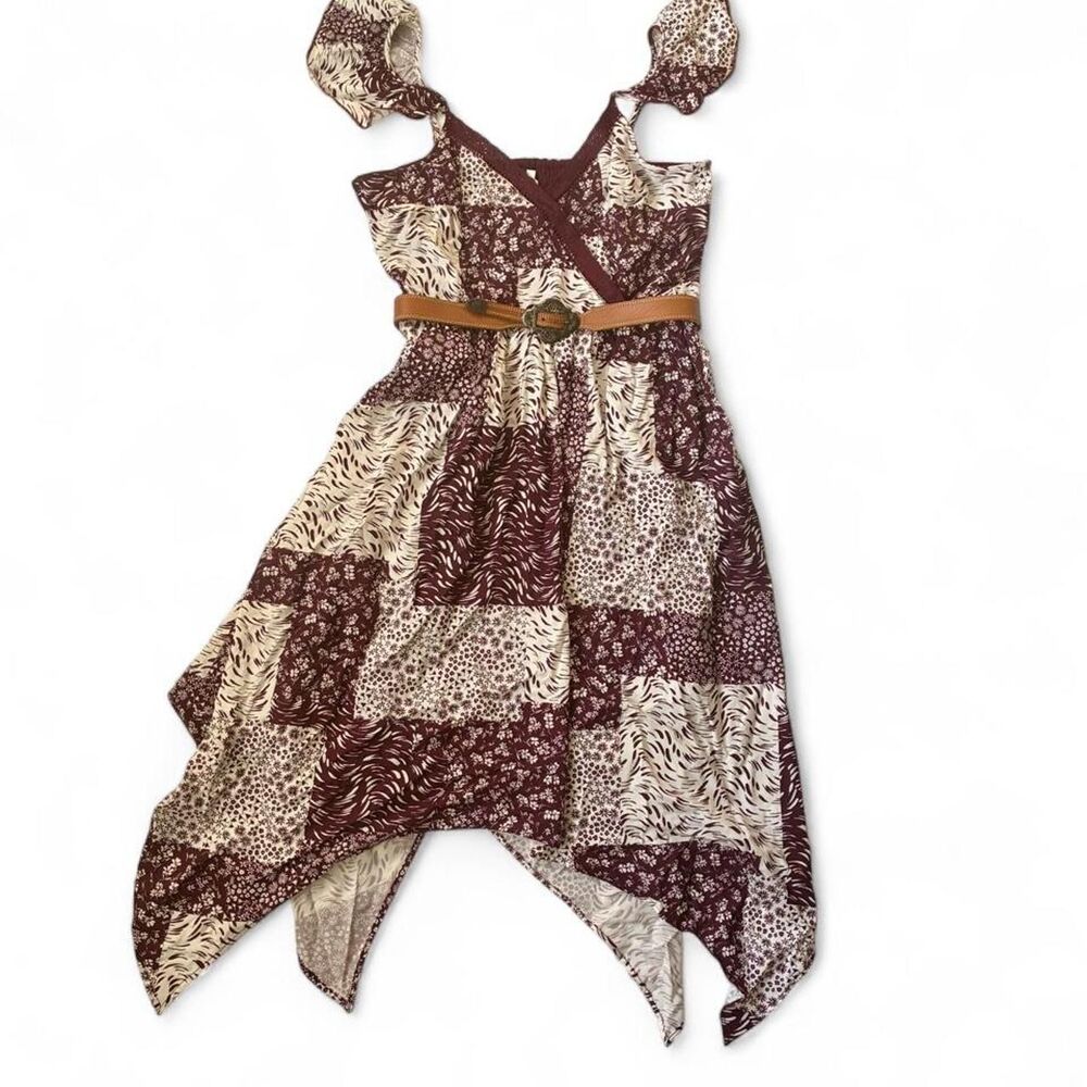 Maurices whimsical cottagecore purple patchwork print asymmetrical dress